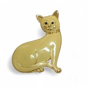 Vintage Enamel Siamese Cat Brooch Cream & Gold 2"